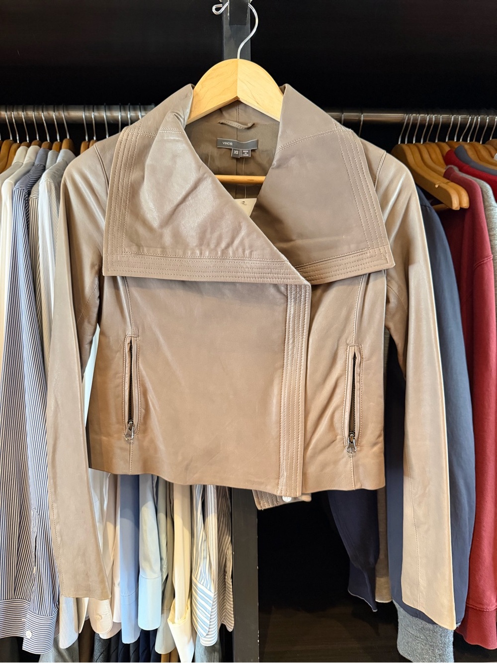 Vince Taupe Cropped Leather Moto Jacket